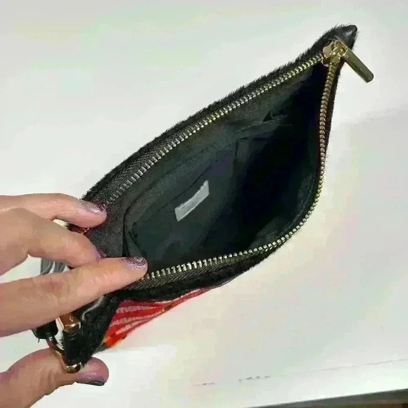 SOUTHWESTERN Black Faux Fur Cow Red Print Pattern Zip Top Pouch Organizer Purse - Picture 9 of 10